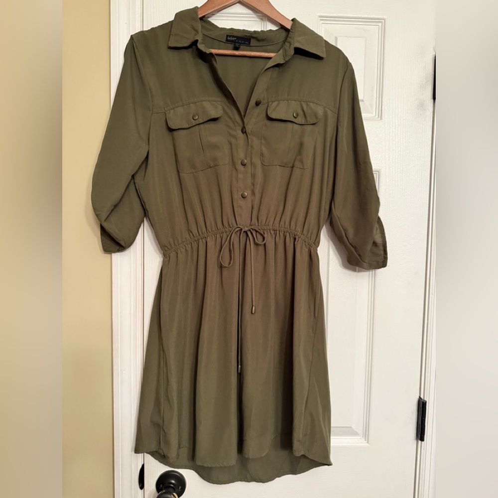 New Olive Green Button-Up shirt Dress $89 Bebo Anthropologie large
